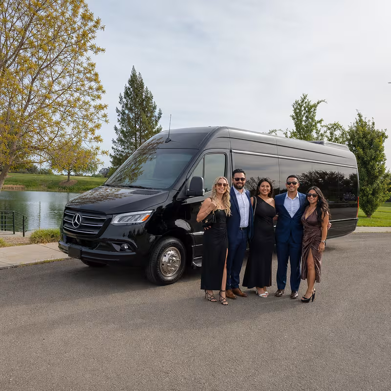Group beside a Mercedes Sprinter limo from the Stockton fleet