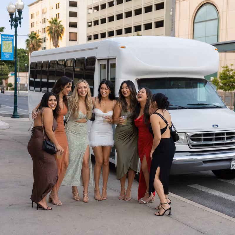 Black Mercedes Sprinter van staged for an Stockton Bachelor & Bachelorette Transportation group