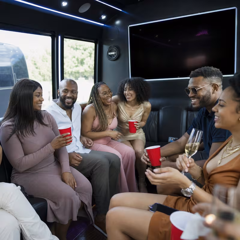 Black Mercedes Sprinter van staged for an Stockton Birthday Transportation group