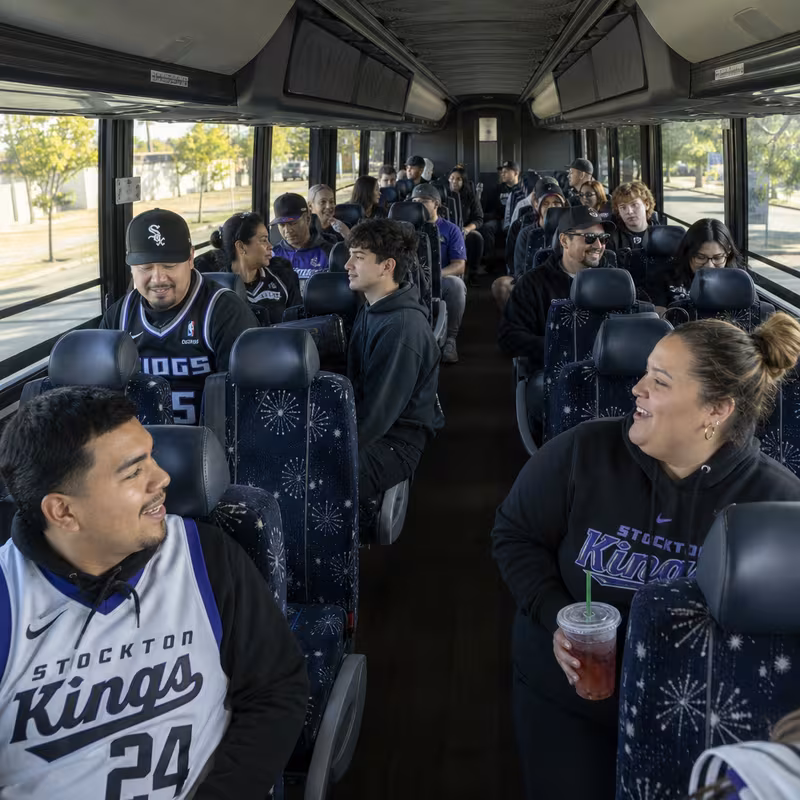 Passenger seating aboard a Stockton party bus rental