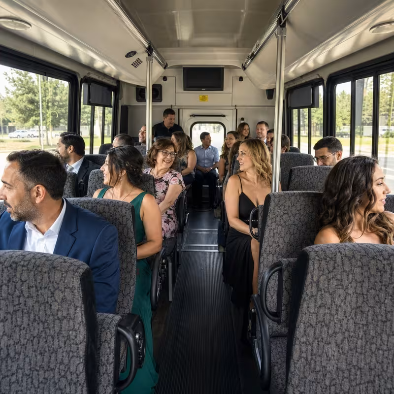 Group boarding a white charter bus for Private Event Transportation transportation in Stockton