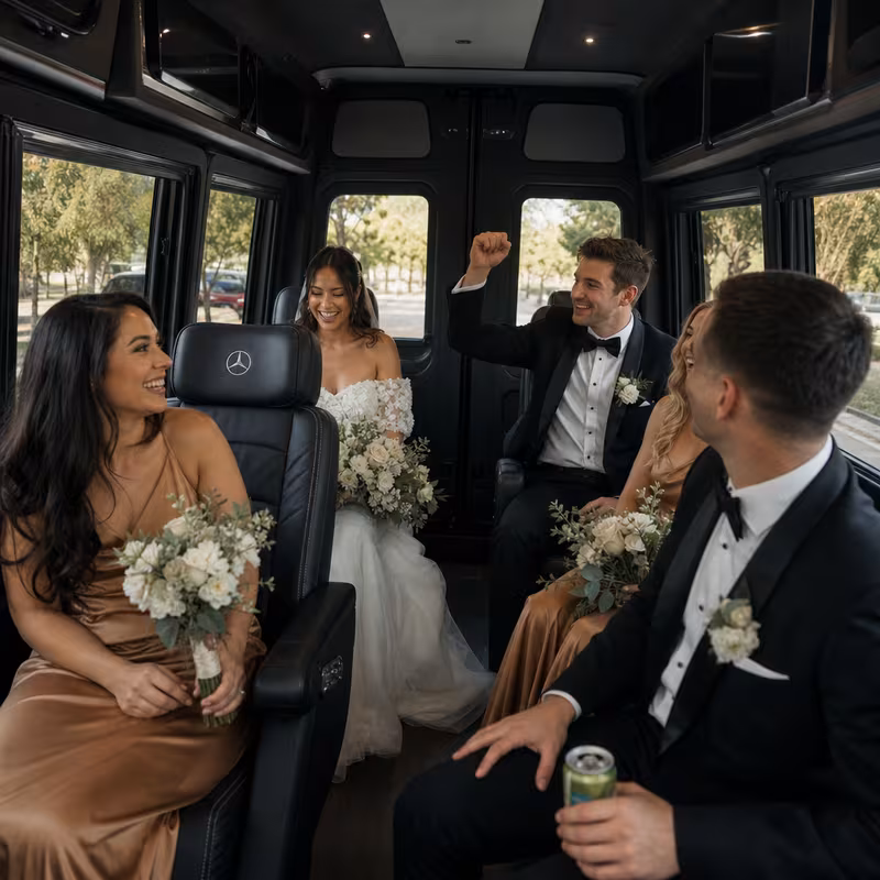 Black Mercedes Sprinter van staged for an Stockton Wedding Transportation group